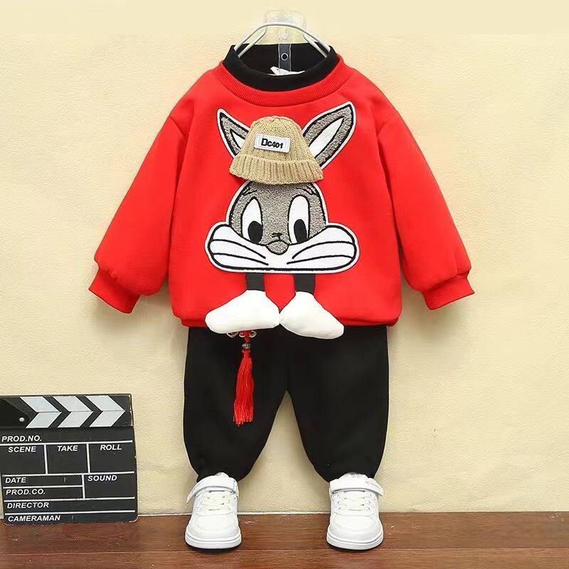 男童拜年服冬季加绒卫衣套装女宝宝过年衣服兔年红色元旦表演服装