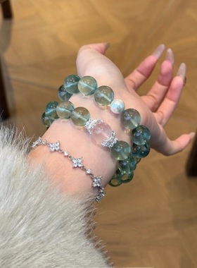2025新款天然水晶手串翠绿泡泡手链深色苹果绿萤石送闺蜜女友手饰