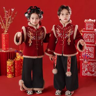 男女童冬款中国风加厚唐装女宝宝新年喜庆拜年服儿童古风汉服套装