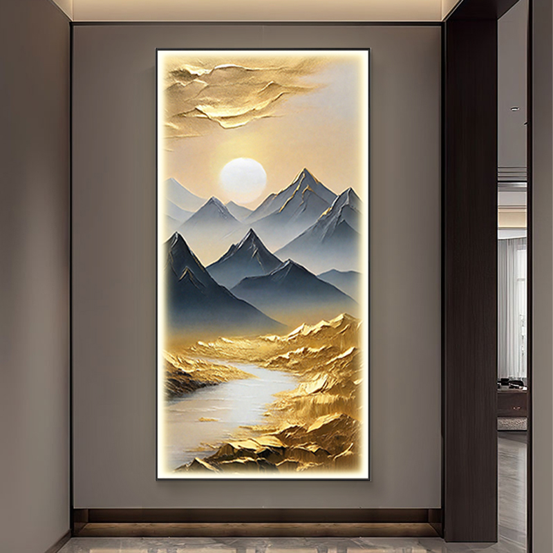 日照金山led灯轻奢入户玄关装饰画挂画带灯壁画竖版走廊过道山水
