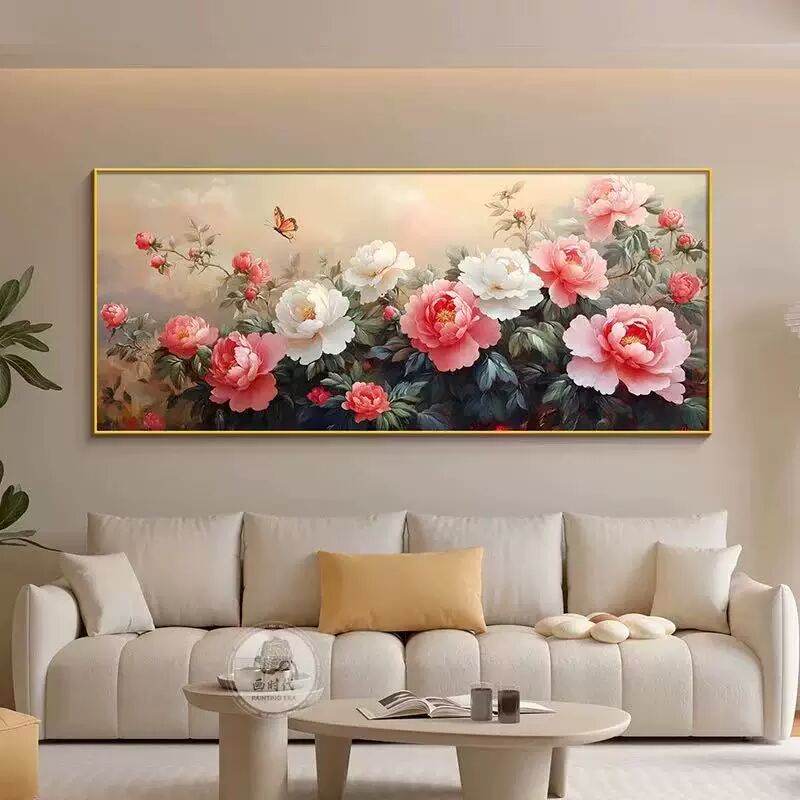 花开富贵装饰画新中式客厅大白墙挂画高级感大厅中堂画牡丹花壁画
