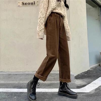 Vintage Corduroy Wide Leg Pants Women High Waist Pockets