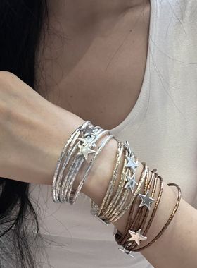 毛绒pu手链波西米亚风小众设计PU皮多层手镯甜酷星星磁吸手链百搭