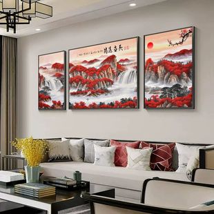 新款鸿运当头客厅招财挂画新中式贵宾室沙发背景墙大气三联装饰画