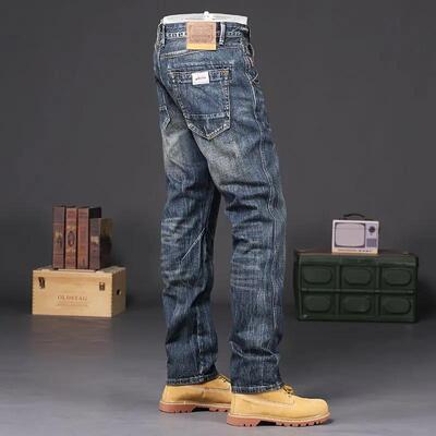 Trousers Vintage Washed Straight Jeans for Men Work Wear