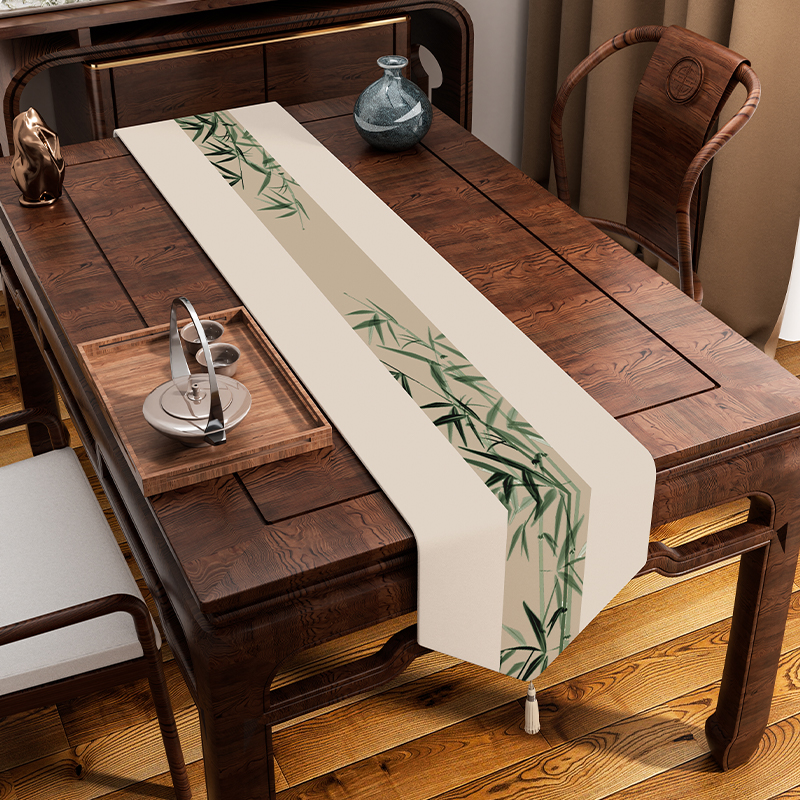 新中式红木茶台棉麻桌旗加厚防水C茶席餐桌长条茶几茶桌布牀头旗