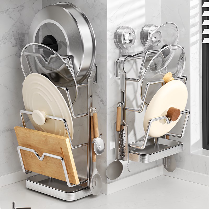 304不锈钢吸盘锅盖o架厨房置物架壁挂免打孔多功能台面锅盖收纳架