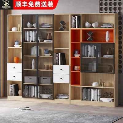 实木书柜一体整墙客厅书架原木风组合置物架带柜门展示立柜可定制