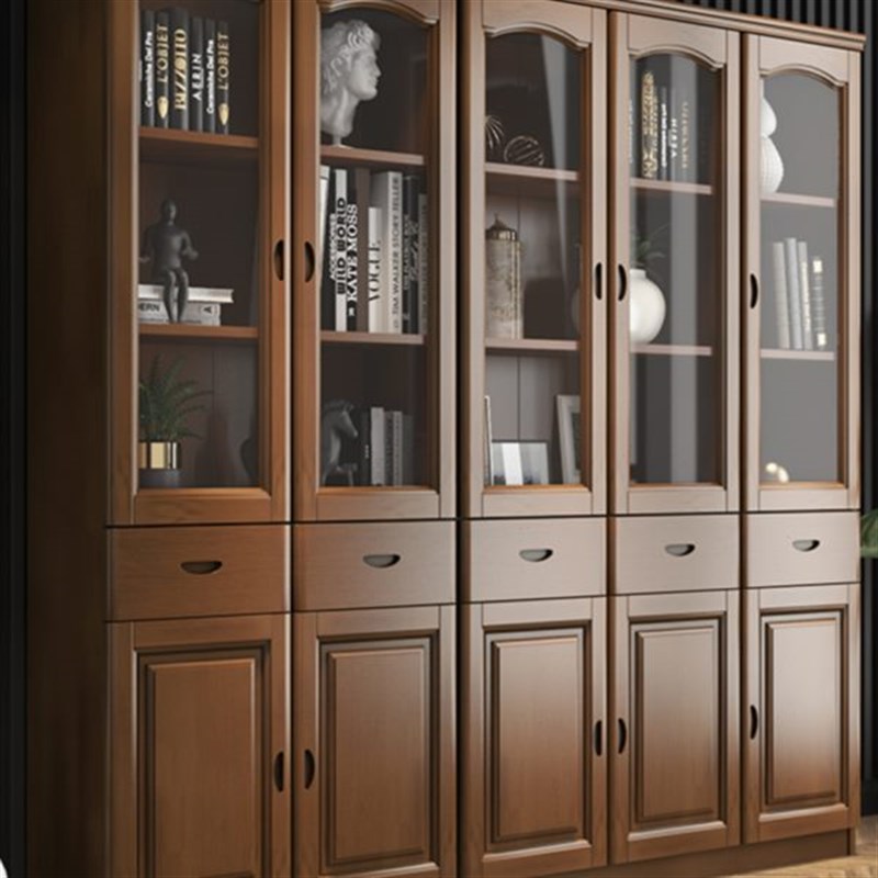 储物简易三门书架实木学生中式玻璃门书橱橡木书柜带办.公室文件