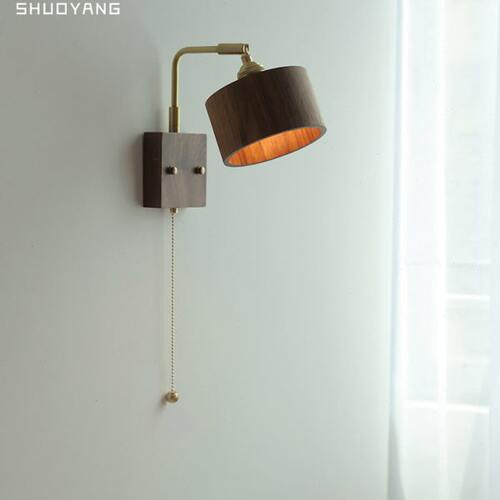 日式床具带飘窗黑胡桃木头左右开关拉线复古可壁灯旋转灯民宿酒店