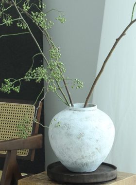 复古陶瓷花瓶日式白色侘寂大肚圆陶罐客厅水培插干花粗陶花器摆件