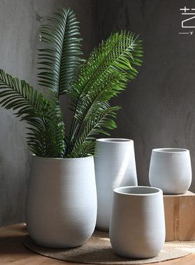 花盆现代新中式白色陶瓷带托盘陶罐大口径植物落地花坛室内养花