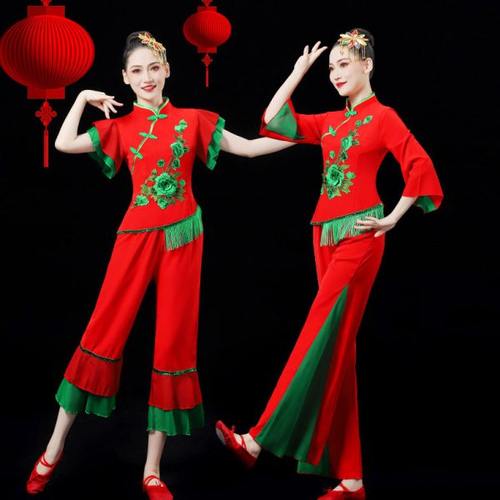 秧歌服女2023新款演出服扇子舞红色喜庆灯笼舞表演服中国风打鼓服
