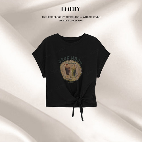 LOERY【樱桃雪顶】韩系钉珠不规则设计系结慵懒感短袖T恤125610