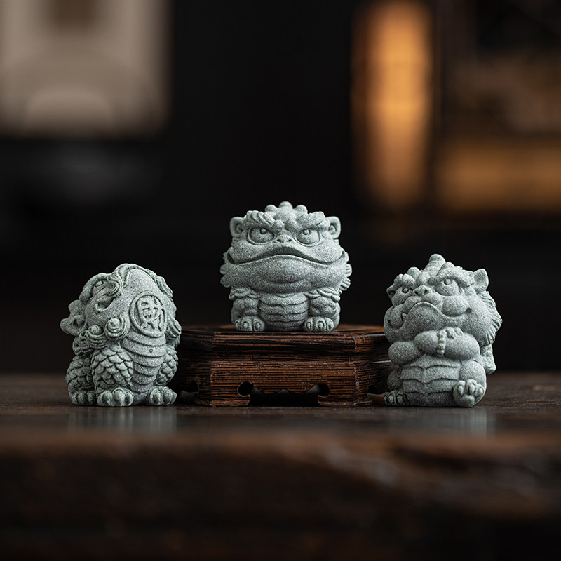 新中式青砂石招财貔貅金蟾麒麟国潮风摆件茶宠假山鱼缸造景装饰品