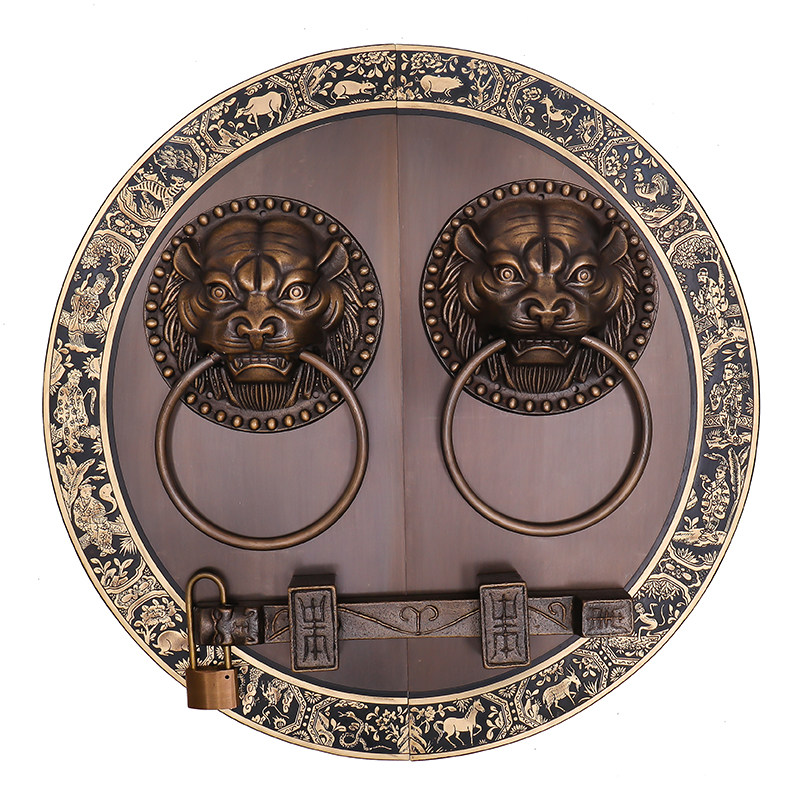 中式圆形仿古拉手大门纯铜兽头门环户外复古拉环刻花把手辅首装饰