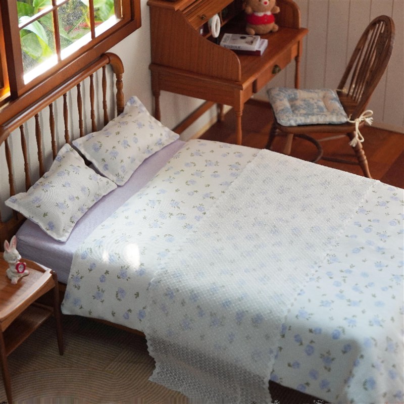 玩具】实木单人床 带床垫 6分娃屋迷你微缩模型家具摆件