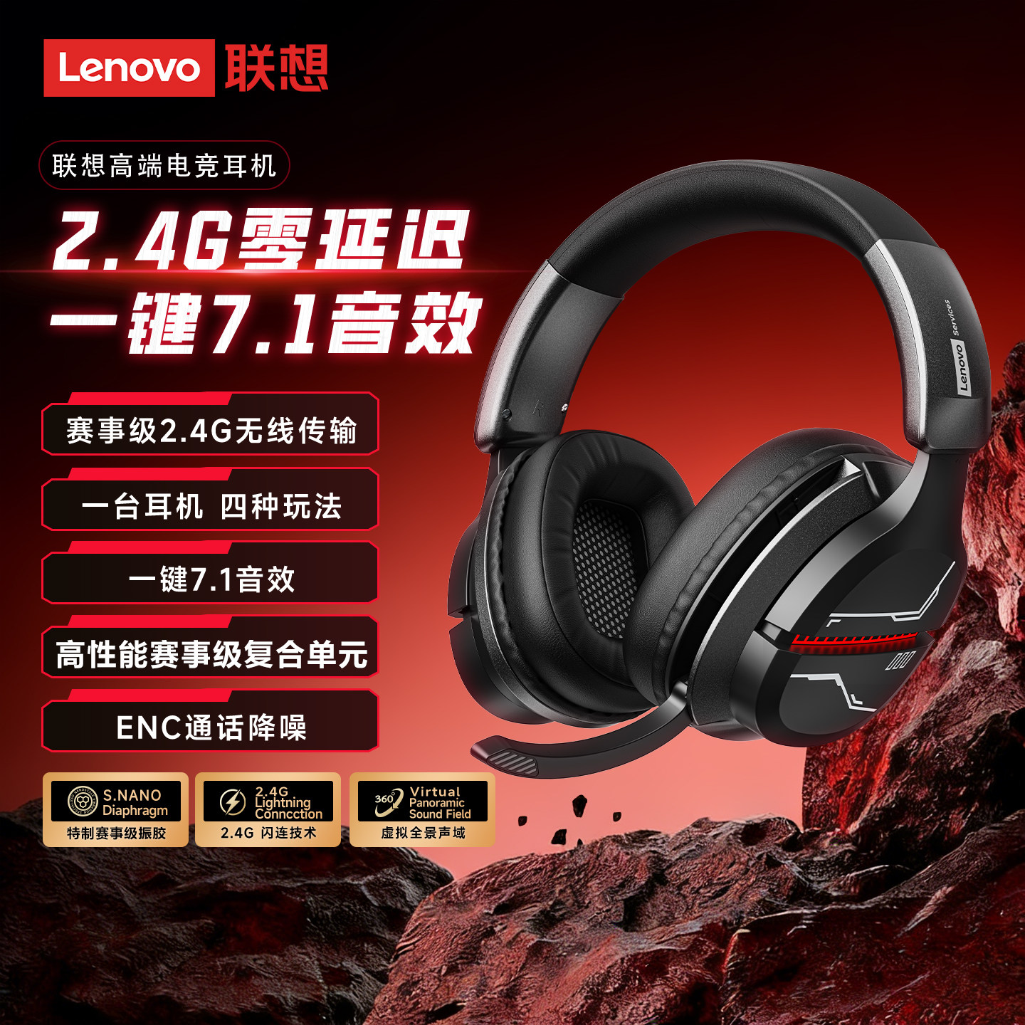 联想无线电竞耳机头戴式蓝牙2.4G打游戏耳麦台式电脑有线7.1音效