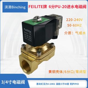 常闭型 220V 水处理设备控制 Feilite 50HZ 6分黄铜电磁阀