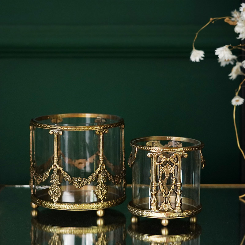 费灵家居欧式复古雕花黄铜玻璃收纳桶化妆刷M笔筒桌面轻奢摆件进