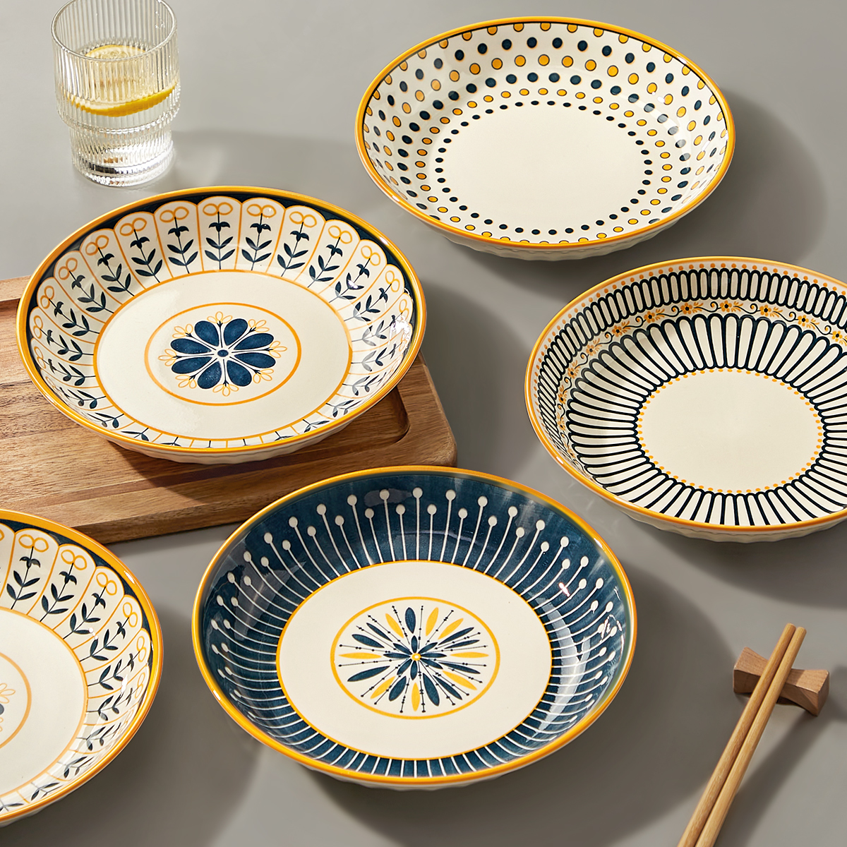 日式釉下彩盘子家用菜盘陶瓷碗碟餐具H创意8寸碟子餐盘高级感深盘