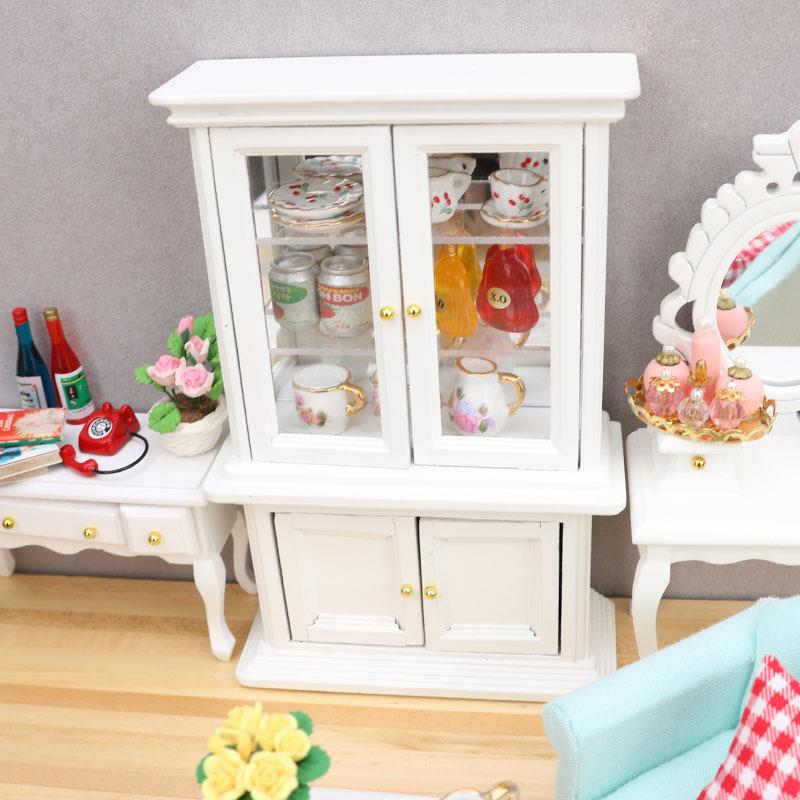 1:12娃娃屋dollhouse微缩家具木质迷你带镜玻璃柜食玩柜子模型