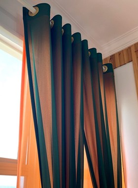 中古风纯色超柔纱落地窗墨绿橙色客厅餐厅房间透光不透人双层窗纱