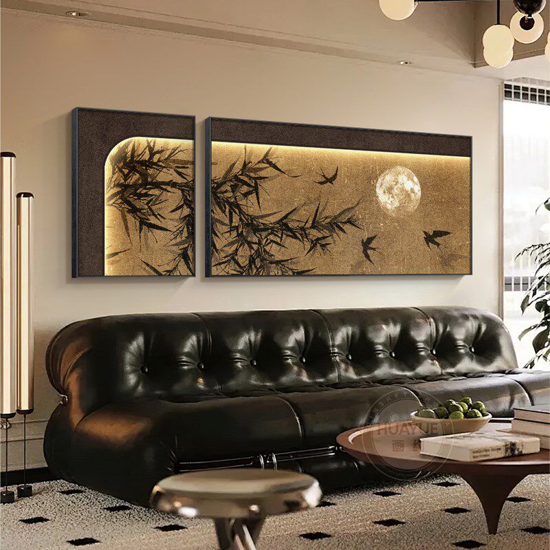 中古风墨竹客厅装饰画高级感竹子沙发背景墙挂画法式复古组合壁画