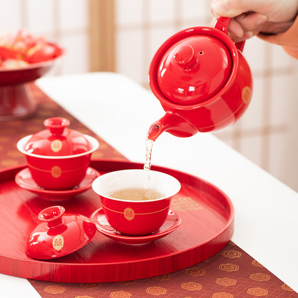 中式结婚改口敬茶杯喜碗四个茶碗筷套装新人喜庆红色盖碗两对陶瓷