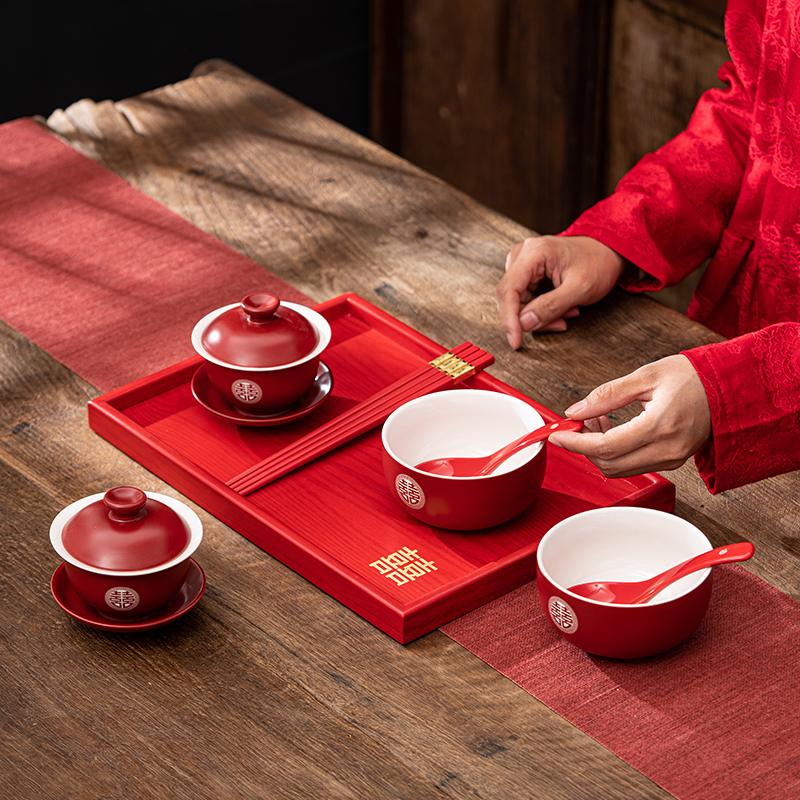 敬茶杯结婚礼改口敬酒陶瓷喜碗喜杯喜筷套装婚庆女方陪嫁用品大全