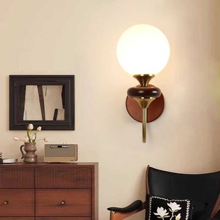 法式复古壁灯卧室床头灯实木胡桃木色书房过道客厅背景墙中古壁灯