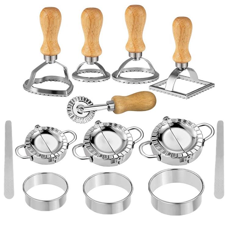 木柄饺子器工具套装13件套 不锈钢饺子器工具肉挑 边花印模具套装
