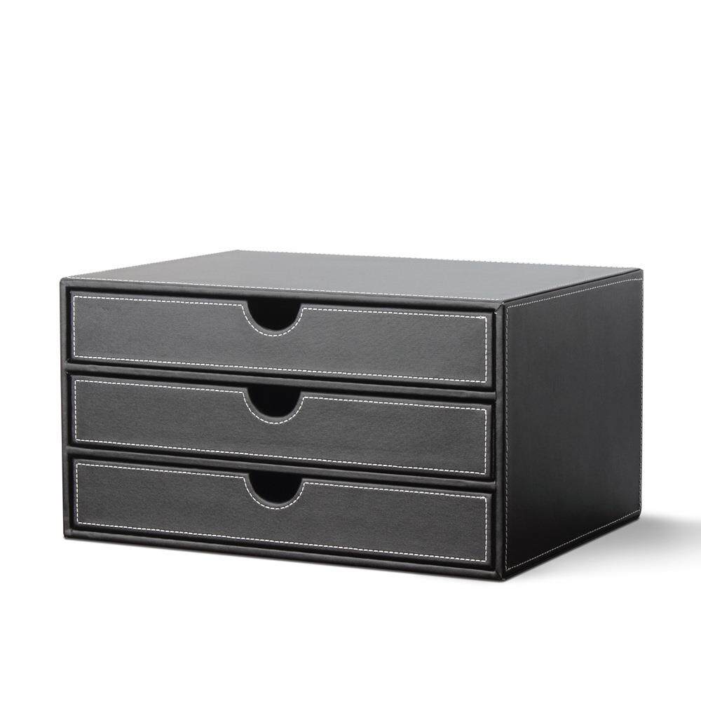 欧式商务皮革桌面整理收纳盒文具储物抽屉式资料柜办公用品