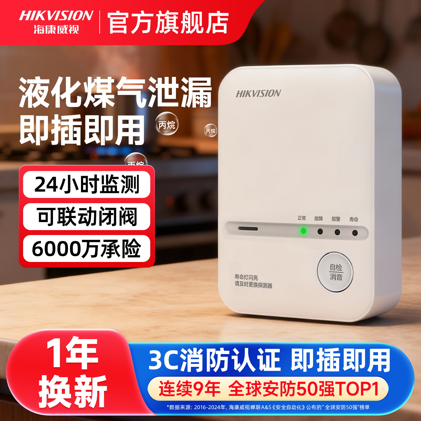海康威视燃气报警器家用厨房饭店煤气天然气液化石油气泄漏警报器