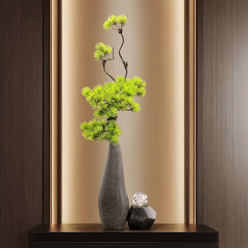 中式陶瓷细长高花k瓶摆件高级意境入户玄关客厅迎客松花艺家装饰