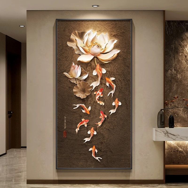 新中式九鱼图玄关装饰画入户正对门挂画高级感荷花走廊过道墙壁画,家居饰品,现代装饰画,淘宝优惠券,粉丝福利购,淘宝优惠卷