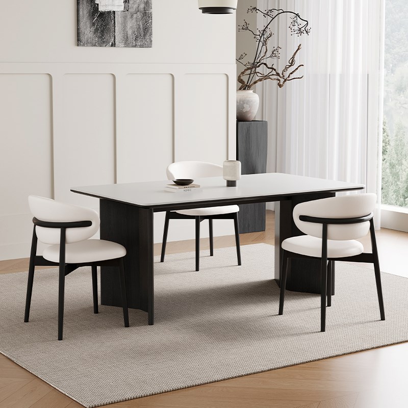 意式轻奢实木岩板餐桌家用现代简约小户型白M蜡木餐桌椅组合长方