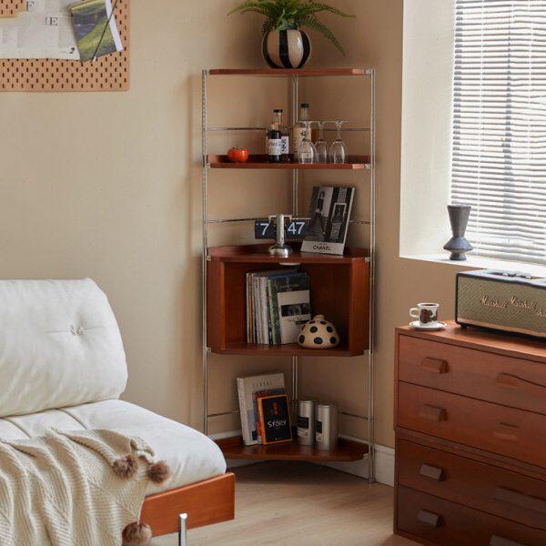 复古实木转角置物架客厅墙角展示架三角柜卧室小户型角落收纳书架