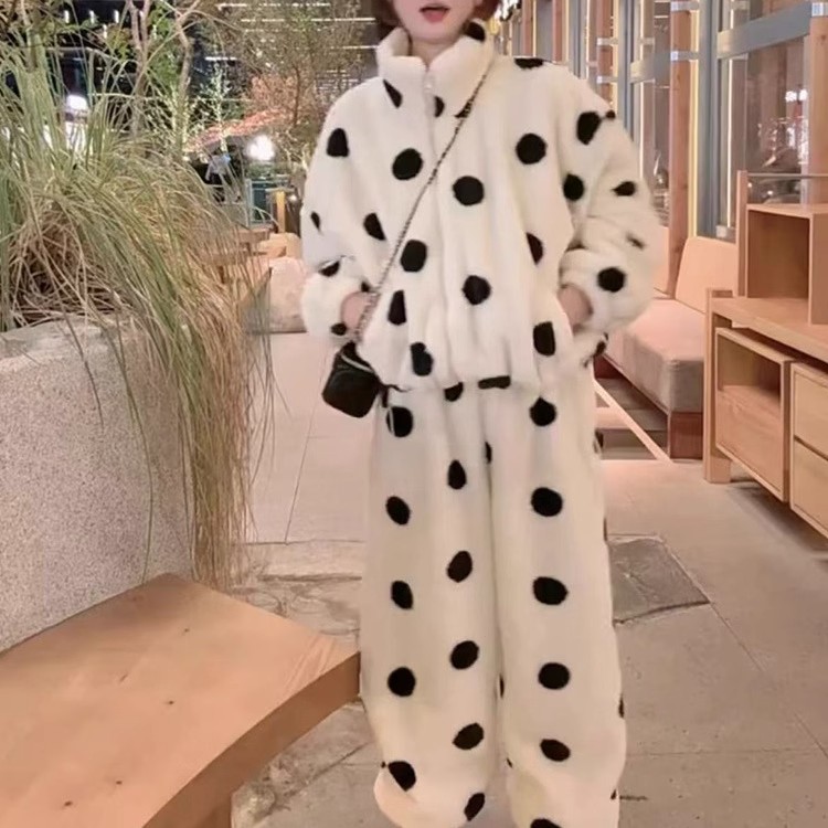 立领珊瑚绒波点家居服套装女2025秋冬新款宽松加厚休闲保暖两件套