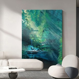 丁达尔效应手绘油画客厅抽象绿色森林风景落地装饰画玄关肌理挂画