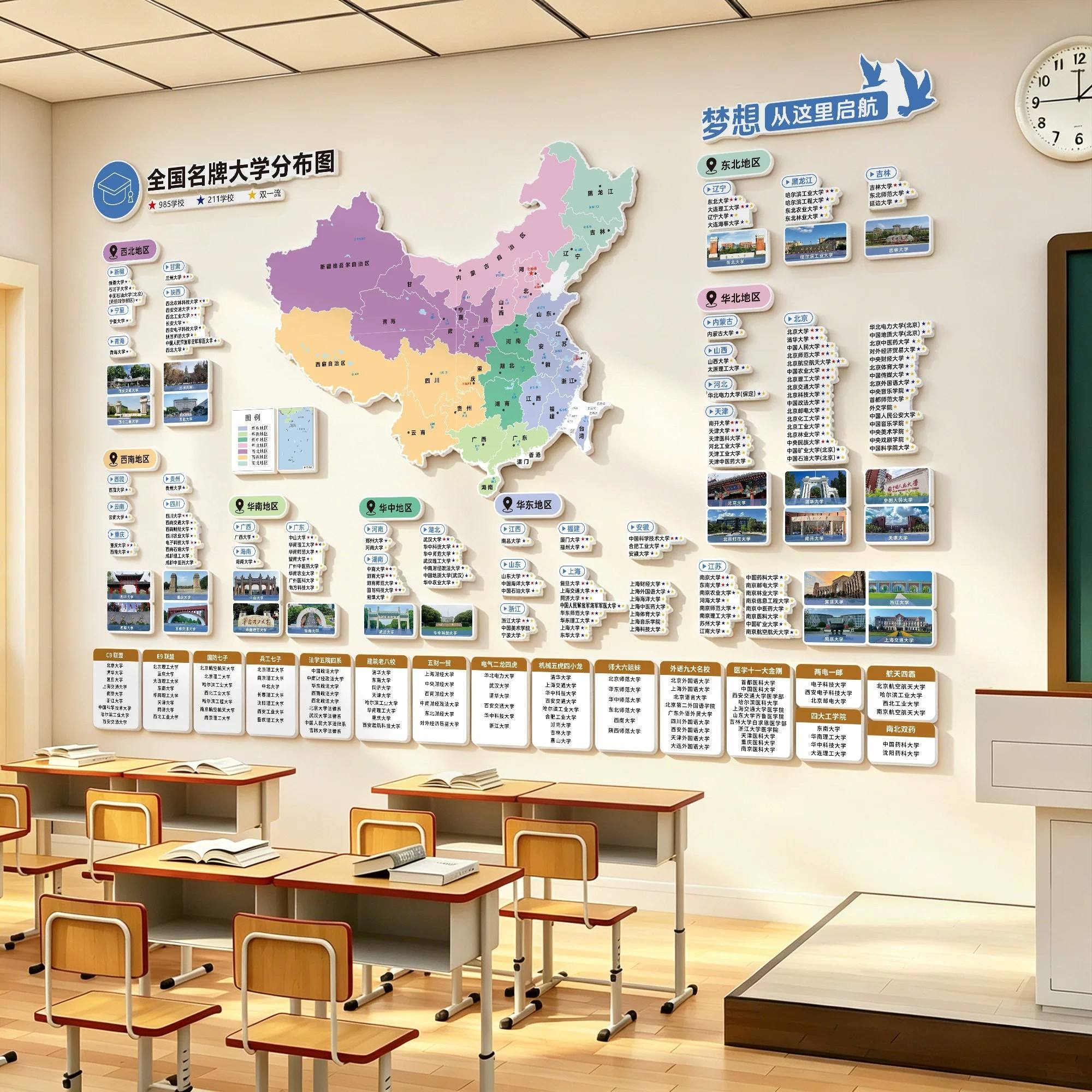 高三教室布置大学名校挂图双一流高校985211大学分布图目标墙贴