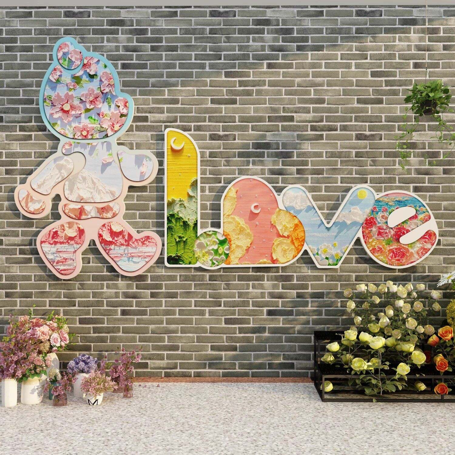 网红拍照区布置互动打卡咖啡馆鲜花店背景墙面装饰修公仔贴纸场景