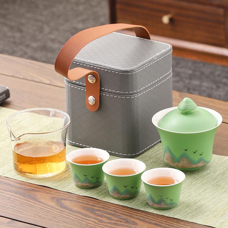 旅行茶具小套装便携式陶瓷快客杯一壶三杯户外露营泡茶壶刻字logo图片