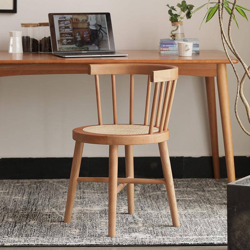 北欧藤圈椅实木单人休闲椅橡木藤编编织温莎餐椅餐厅书房围椅