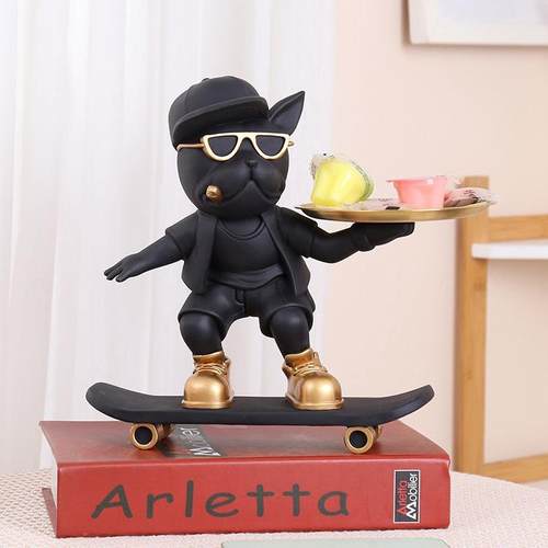 欧式潮玩斗牛犬摆件收纳托盘客厅玄关桌面家居装饰树脂工艺品