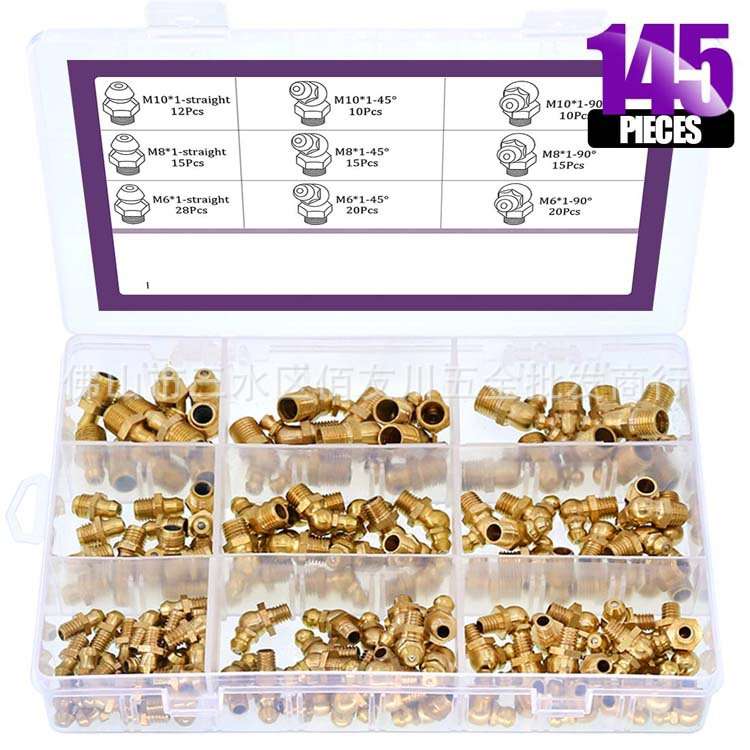 145pcs 铜油嘴 直油嘴 纯铜弯油嘴接头 M6/M8/M10 盒装