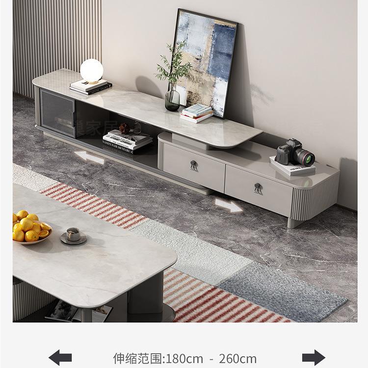 现代简约亮光岩板茶几电视柜组合小户型客厅地柜可伸缩岩板电视柜