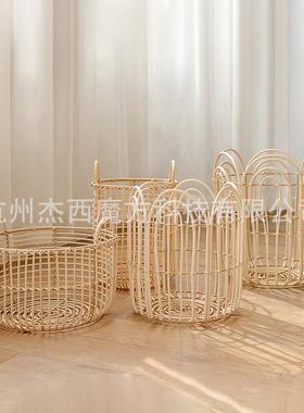 天然真藤带铁框收纳篮家用杂物玩偶小物收纳筐带提手置物篮脏衣篓