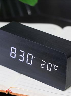 创意款智能充电木头钟LED钟声控数字电子钟充电款闹钟