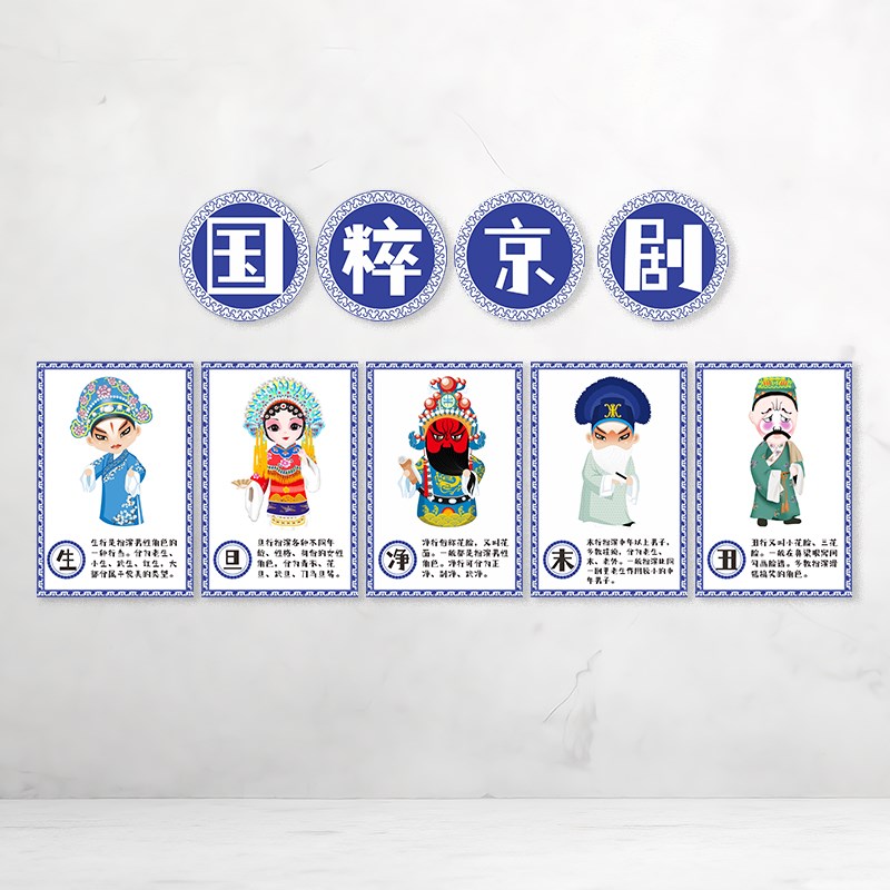 京剧生旦净末丑装饰画幼儿园小学教室走廊中式传统文化主题墙布置